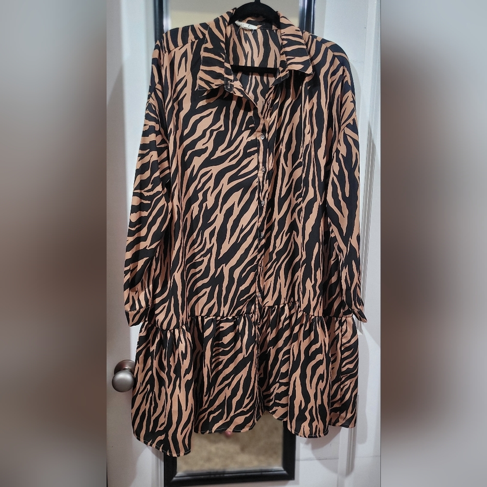 EASEL Womens Black & Tan Zebra Print Shirt Dress